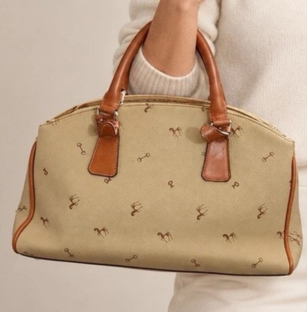 Petusco Vintage Equestrian Print Zip Satchel Tan Coated Canvas Handbag
